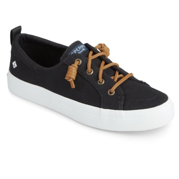 Sperry Crest Vibe Sneakers Black Canvas Shoes Tan Leather Laces Casual Slip-on - Picture 1 of 12